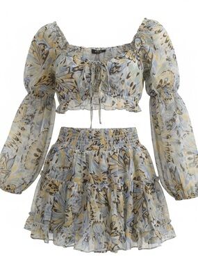 Floral Puff-Sleeve Crop Top and Ruffle Mini Skirt Set - Pale Blue & Cream